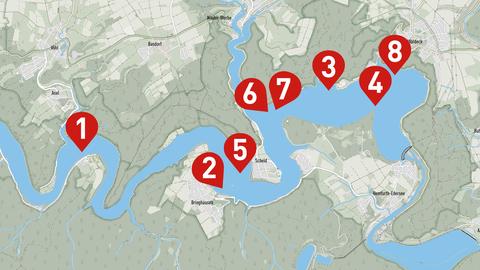 Die Karte zeigt den Edersee mit acht markierten Punkten