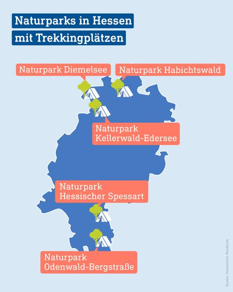 Auf einer Karte von Hessen sind Naturparks verzeichnet, in denen es Zeltplätze gibt