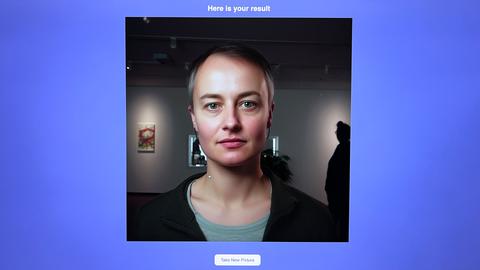 Portrait in einem Rechteck auf einer blauen Hintergundfläche. "Here is your result" steht obendrüber.