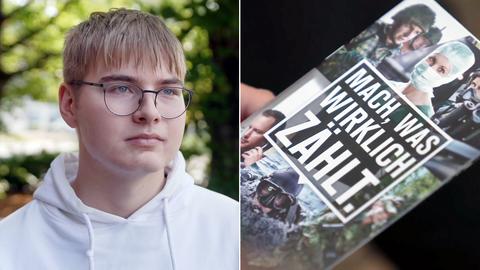 Zwei Bilder stehen nebeneinander. Auf der linken Seite ein junger Mann, der gerne Soldat werden möchte. Rechts daneben ist eine Broschüre der Bundeswehr zu sehen, auf der zu lesen ist: Mach was wirklich zählt.