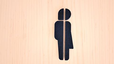 Symbol an einer Toilettentür, das eine zur Hälfte weibliche und männliche Figur zeigt.