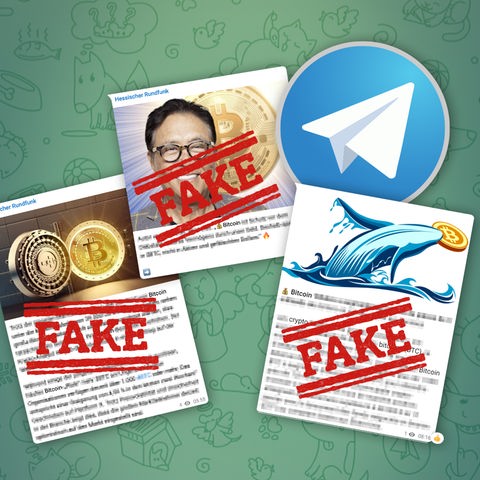 Eine Collage von Screenshots von Telegram Posts, die angeblich vom hessischen Rundfunk stammen sollen mit der Beschriftung „Fake“ 