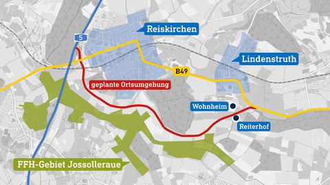 Karte Umgebung von Reiskirchen mit der Fläche der Jossolleraue, der B49 und der geplanten Ortsumgehung