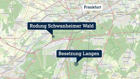 Übersichtskarte: Zwischen dem Ort, an dem gerade im Schwanheimer Wald gerodet wurde, und der Besetzung in Langen, liegen nur wenige Kilometer.