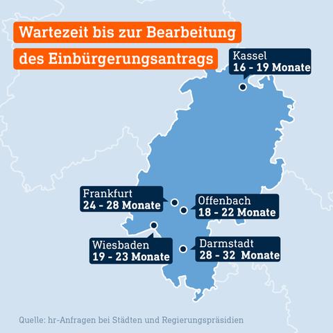 Auf einer Karte ist Hessen zu sehen. Die 5 größten Orte sind markiert, daneben steht, wie lange Menschen auf die Einbürgerung warten müssen.