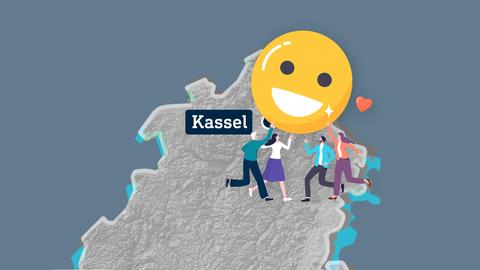 Auf graublauem Hintergrund ein Kartenausschnitt der oberen Hälfte Hessens. Darin markiert "Kassel" mit Ortspunkt. Vor dem Ortspunkt ein großes Smiley-Icon mit kleinen Menschen, die es freudig tragen.