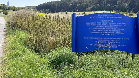 Schmale Landstraße an einer Wiese, daneben ein blaues Schild in Form einer Schriftrolle, mit viel Text darauf.