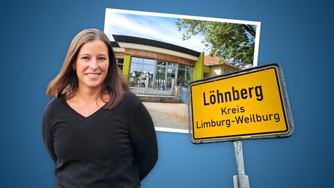 Collage aus drei ausgeschnittenen Motiven: links eine junge Frau, die in die Kamera lächelt, mittig ein Foto einer Kindertagesstätte von außen, rechts ein gelbes Ortsschild mit der Aufschrift "Löhnberg".