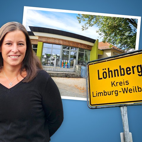 Collage aus drei ausgeschnittenen Motiven: links eine junge Frau, die in die Kamera lächelt, mittig ein Foto einer Kindertagesstätte von außen, rechts ein gelbes Ortsschild mit der Aufschrift "Löhnberg".