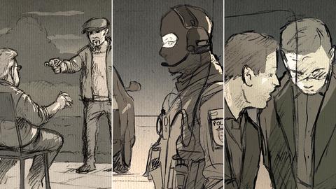 Bildkombination aus drei Illustrationen: Ein Mann richtet eine Pistole auf einen sitzenden Mann, ein SEK-Polizist mit Headset und Sturmmaske, zwei Anwälte stecken die Köpfe zusammen.