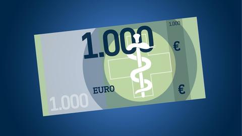 Eine 1.000 Euro Geldnote, grafisch nachgebildet, mit einem Kreuz und einem Äskulap-Stab in der Mitte.