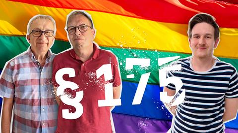 Eine Collage von drei Männern verschiedenen Alters vor einer Regenbogenflagge. Im Vordergrund löst sich der Paragraf 175 in seine Bestandteile auf.