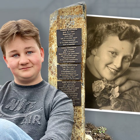 Collage aus einem Foto eines jungen Mannes, einem Grabstein mit verschiedenen Namenstafeln und einer historischen Fotografie einer jungen Frau - angeordnet auf einem grauen Hintergrund.