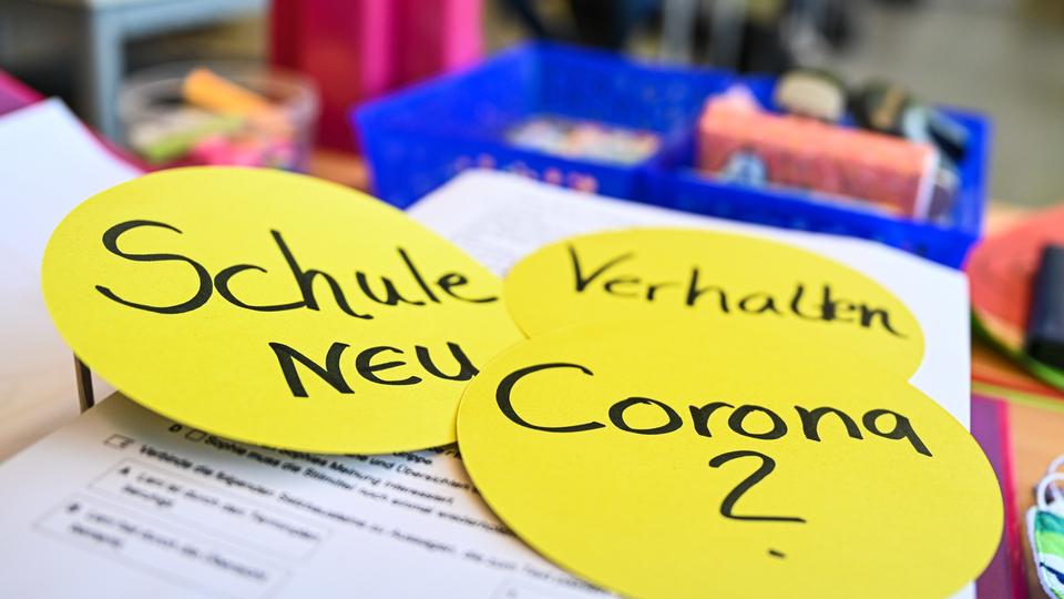 Schreibtisch mit Büroutensilien, im Vordergrund drei gelbe, runde Workshop-Karten, beschrieben mit "Schule neu", "Verhalten" und "Corona?".