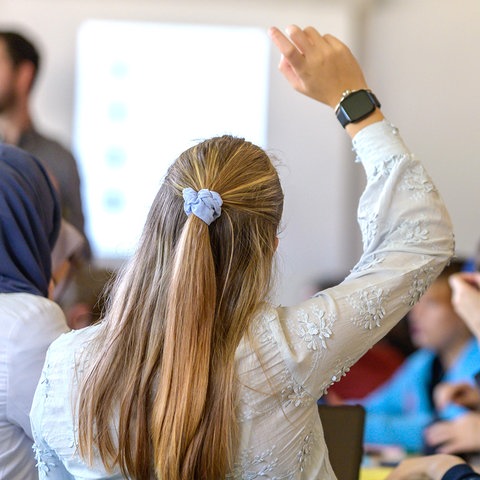 Schülerinnen sitzen mit dem Rücken zur Kamera in einem Klassenzimmer, eine von ihnen zeigt auf. 