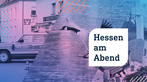 Collage aus drei Fotos in Form von schrägen Streifen nebeneinander: links ein Polizeiauto, das zur Absperrung auf einer Straße steht, in der Mitte eine über Wasser fliegende Kanadaganz, rechts eine Gedenkstätte mit einem Kreuz, einer Gedenktafel und Kerzen. Darauf eine weiße Blase mit zwei gerundeten Ecken in welcher mit dunkler Schrift "Hessen am Abend" steht.