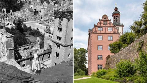 Kollage aus zwei Bildern. Links: ein Schwarzweißbild einer historischen Ruine. Rechts: Das Schloßmuseum von außen in seiner heutigen Pracht.