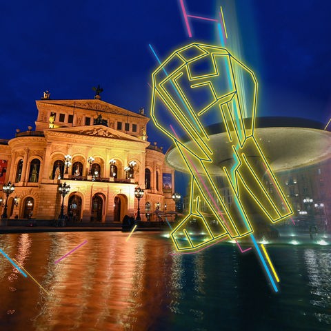 ie Alte Oper Frankfurt mit einer Grafik des Löwen-Preises für den Hessischen Film- und Kinopreis 2024 (Collage). 