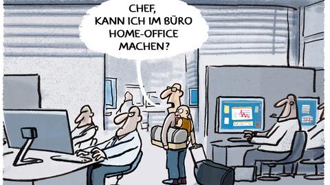 Das Bild zeigt einen Cartoon: Ein Mann mit einem Baby auf einem Rücken und einem Rollkoffer in der Hand betritt ein Büro. Dort sitzen mehrere Personen an Computern. Der Mann fragt: "Chef, kann ich im Büro Home-Office machen". Unter dem Cartoon steht: "Die Krise auf dem Wohnungsmarkt verschärft sich". Die Zeichnung ist in Blautönen gehalten.