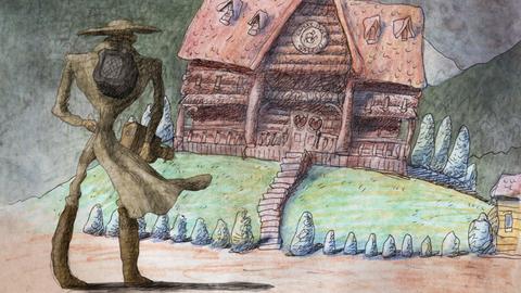 Das Bild zeigt eine Szene aus dem Trickfilm "Slide" von Bill Plympton. Darauf zu sehen ist ein Mann mit Cowboyhut, der vor einem rötlichen, etwas schiefen Holzhaus steht. Der Mann ist von hinten zu sehen. Vor dem Haus befindet sich ein Vorgarten mit einer langen Treppe, die zur Eingangstür führt.