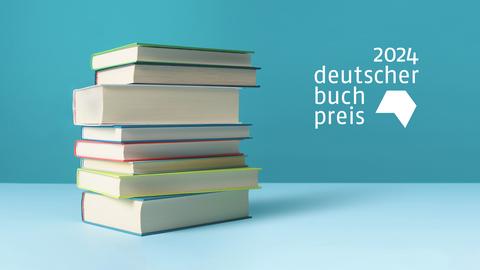 Ein Stapel von acht Büchern, daneben das Logo des deutschen Buchpreises