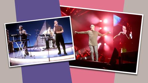 Zwei Fotos - eines zeigt eine junge Band bei einem Auftritt, das zweite zeigt einen älteren Frontman während eines Auftritts - sind auch farbigen Flächen nebeneinander angeordnet.