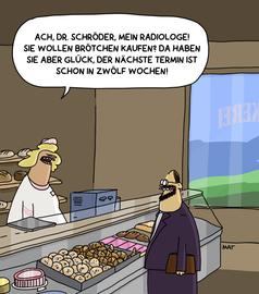 Karikatur: Ein Mann und eine Verkäuferin in der Bäckerei.