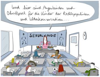 Lehrerin vor Klasse, an der Tafel ist das Fach Sexualkunde angekündigt