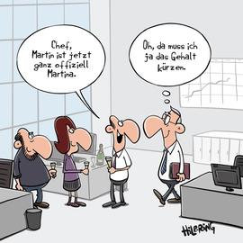 Karikatur: Menschen mit Sektgläsern stehen in einem Büro