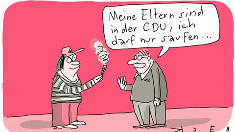 Ein Mann raucht einen Joint. Ein zweiter steht daneben uns sagt: "Meine Eltern sind in der CDU. Ich darf nur saufen."