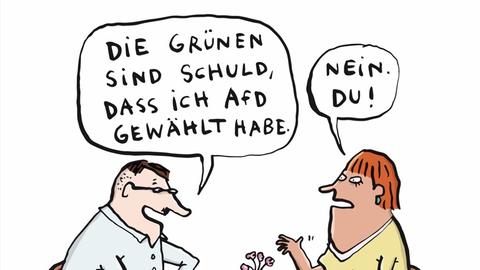 Ein Mann und eine Frau sitzen beim Kaffee. Er sagt: "Die Grünen sind Schuld, dass ich AfD gewählt habe". Sie sagt: "Nein. Du!"