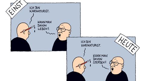 Karikatur zwei Menschen, einer hat einen Federhalter hinter dem Ohr.