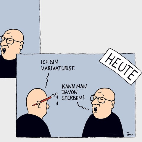 Caroon mit zwei Bildern. Auf beiden sind zwei Menschen in einer Unterhaltung zu sehen: Im ersten Bild "Einst": A: Ich bin Karikaturist. B: Davon kann man leben? Im zweiten Bild "Heute": A: Ich bin Karikaturist. B: Davon kann man sterben?