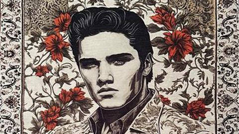 Das Bild zeigt Elvis Presley. Zu sehen ist eine Art Teppich in Weiß sowie Rot- und Braun-Tönen. Darauf abgebildet ist das Gesicht von Elvis Presley mit schwarzer Haartolle und weißem, besticktem Revers. Um Elvis herum sind rote Blüten zu sehen.