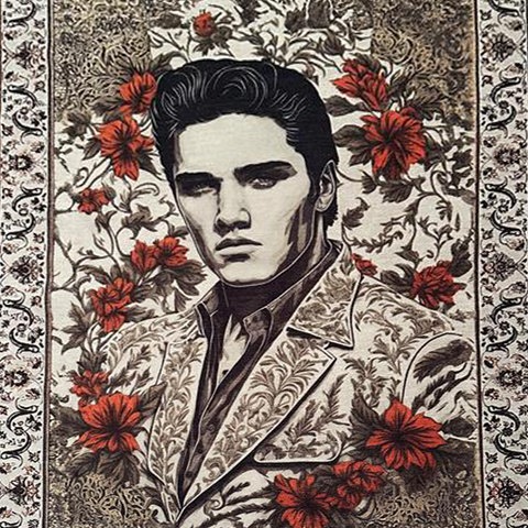 Das Bild zeigt Elvis Presley. Zu sehen ist eine Art Teppich in Weiß sowie Rot- und Braun-Tönen. Darauf abgebildet ist das Gesicht von Elvis Presley mit schwarzer Haartolle und weißem, besticktem Revers. Um Elvis herum sind rote Blüten zu sehen.