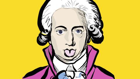 Das Bild zeigt Goethe in einer Art Pop-Art-Zeichnung vor gelbem Hintergrund und mit pinkfarbenem Jackett mit Stehkragen. Er trägt die weißen Haare an den Seiten eingerollt und streckt die Zunge heraus.