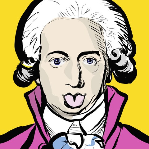 Das Bild zeigt Goethe in einer Art Pop-Art-Zeichnung vor gelbem Hintergrund und mit pinkfarbenem Jackett mit Stehkragen. Er trägt die weißen Haare an den Seiten eingerollt und streckt die Zunge heraus.