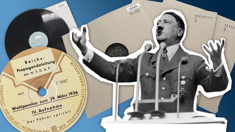 Collage: Hitler spricht mit ausgebreiteten Armen, daneben Schellack-Tonträger und Labels