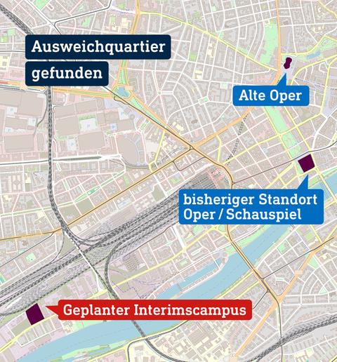 Auf einem Stadtplan der Frankfurter Innenstadt sind die bisherigen Standorte der Oper und des Schauspielhauses, sowie deren geplantes Ausweichquartier in der Gutleutstraße verzeichnet