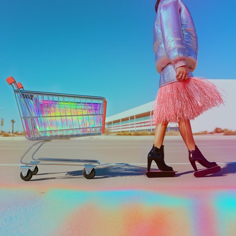 Eine Person in einer schimmernden Jacke und einem rosa Rock mit Fransen geht neben einem Einkaufswagen. Der Einkaufswagen reflektiert Regenbogenfarben. Die Person trägt schwarze, hochhackige Schuhe. Im Hintergrund sind eine Straße, Palmen und ein modernes Gebäude zu sehen. Der Himmel ist klar und blau.