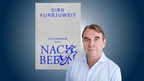 Collage aus einem Buchcover und einem Portrait eines Mannes daneben auf einem blauen Hintergund mit Verlauf von hell nach dunkel.