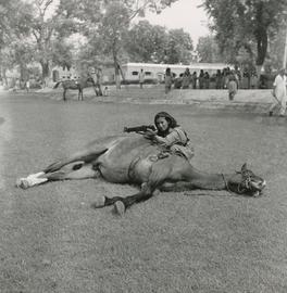 Eine Frau mit Gewehr verschanzt sich in Lahore in Pakistan hinter einem toten Pferd. Aufgenommen wurde das Foto zwischen 1975 und 1958.