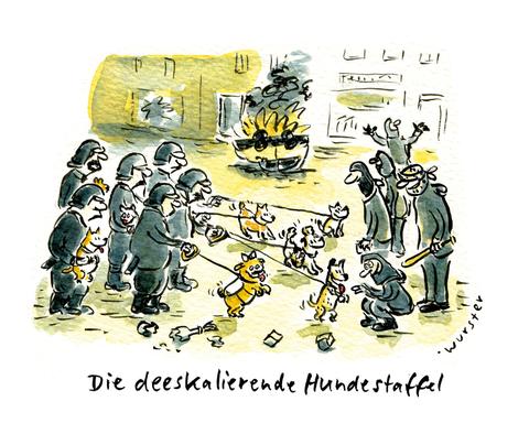 Karikatur: Straßenschlacht-Szene, Polizisten haben verspielte Hunde an der Leine