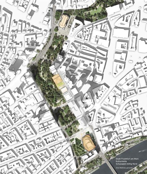 Ein Stadtplan mit eingezeichneten Gebäuden entlang einer Grünfläche.
