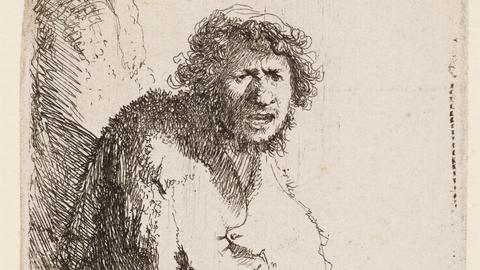 Die Radierung von Rembrandt aus dem Jahr 1630 zeigt einen Bettler, der auf einem Erdhügel sitzt. Er trägt einen hellen Umhang, halblange lockige Haare und beugt sich leicht nach vorn. Der Blick ist in Richtung des Betrachters des Bildes gerichtet. 