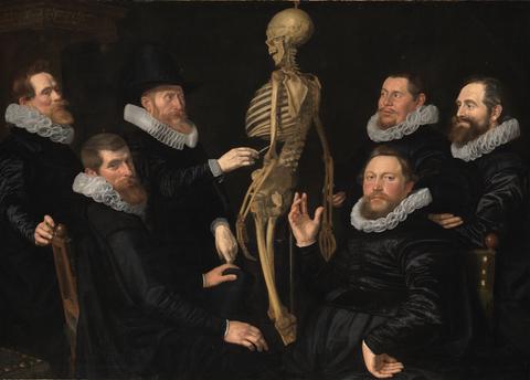 Das Gemälde "Die Osteologie-Vorlesung des Dr. Sebastiaen Egbertsz" von Nicolaes Eliasz Pickenoy oder Werner van den Valckert von 1619 zeigt sechs Männer in schwarzen Roben mit weißen Stehkragen, die um ein Skelett herumstehen und sitzen.