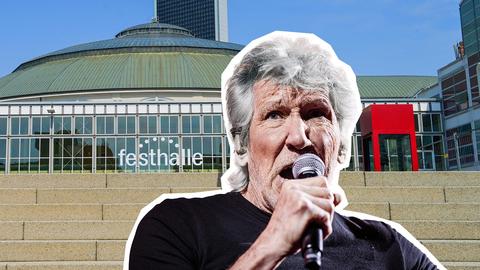 Fotomonatge im Hintergrund die Frankfurter Festhalle, im Vordergrund Roger Waters