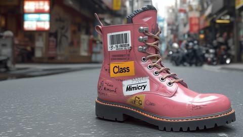 Ein einzelner, pinker Stiefel steht auf der Straße in einer städtischen Umgebung. Der Stiefel hat mehrere Aufkleber und Schriften, darunter ein Barcode, und Aufkleber mit den Wörtern "Class" und "Mimicry". Im Hintergrund sind unscharf Gebäude und Geschäfte zu sehen. Ein großes gelbes Schild an einem Gebäude trägt die Aufschrift "Fashion Fakes".