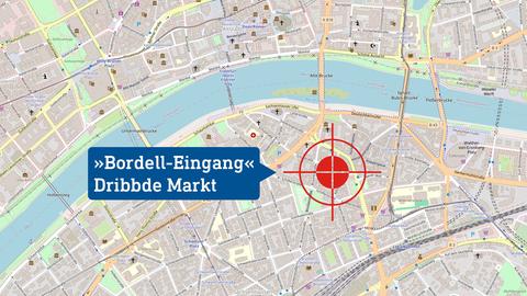 Verortungskarte Frankfurt mit Markierung Drehort »Bordell-Eingang«