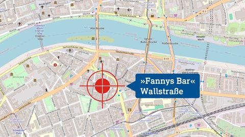 Lageplan Frankfurt mit Markierung des Drehortes „Fanny's Bar“